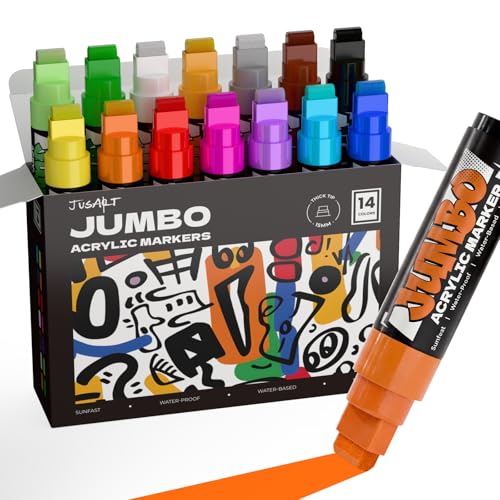 JusArt 14 Colors Jumbo Markers for Quick Bold Poster Banner Sign Lettering and Coloring, 15mm Wide Tip Acrylic Markers for Rock, Fabric, Ceramic, Metal, DIY Crafts - color: Multicolor