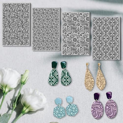 4 Sheets Artistic Retro Patterns Clay Texture Mat Abstract Flowers Polymer Clay Texture Sheets DIY Tools for Pottery Earring Jewelry Making Stamp Engraving Machines, 3.9x2.6inch - color: Abstract Flowers