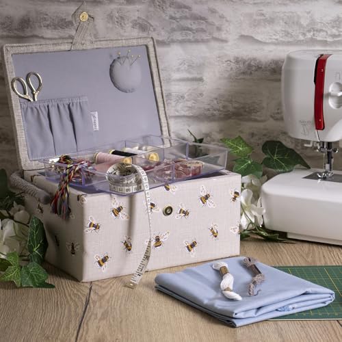 Hobby Gift Medium Sewing Box Organiser, Fabric Covered Storage Box with Handle, Internal Tray, Pin Cushion and Pocket for Sewing, Quilting and Knitting Supplies - color: Bees