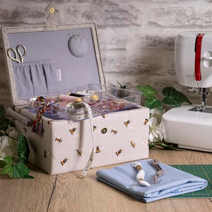Hobby Gift Medium Sewing Box Organiser, Fabric Covered Storage Box with Handle, Internal Tray, Pin Cushion and Pocket for Sewing, Quilting and Knitting Supplies - color: Bees