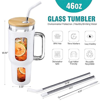 WINSA Glass Tumbler with Lid and Straw, 46 oz Iced Coffee Cup with Handle, Large Water Bottles with Silicone Sleeve, Glass Cup with Straws - Pearl Straw & Drinking Straw BPA Free-White - color: White, size: 46 Ounces
