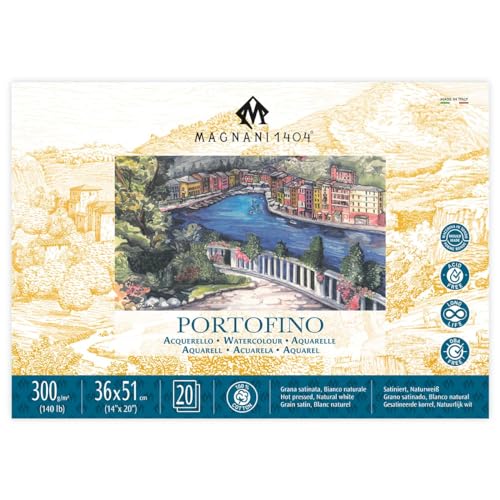 Magnani 1404 Portofino Hot Press 100% Cotton Watercolor Paper Block, 20 Sheets, 14x20, 140 lb, Acid-Free, UV Resistant, Vegan Sized Water Color Paper for Artists, Made in Italy - size: 14x20" Block
