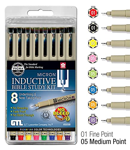 G.T. Luscombe Company, Inc. Pigma Micron 01 Fine & 05 Medium Point Inductive Bible Study Pen Kit | No Bleed Pigmented Ink (Set of 8) - style: Set of 8
