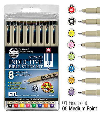 G.T. Luscombe Company, Inc. Pigma Micron 01 Fine & 05 Medium Point Inductive Bible Study Pen Kit | No Bleed Pigmented Ink (Set of 8) - style: Set of 8