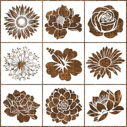 9 Pcs Large Flower Stencils for Painting Reusable Floral Templates Set for Drawing, Walls, Wood Signs, Window, Garden Fence Furniture Stencil Crafts DIY - color: Flower