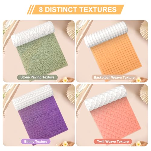 8 Pcs Non-Stick Polymer Clay Texture Rollers (Basic Texture) | Knit, Basket Weave, Stone & Cobblestone Textures, 2 Storage Boxes, Crisp Imprints, Seamless Patterns, Premium Resin - color: Basic Texture