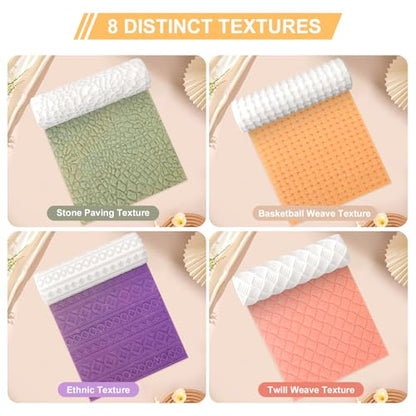 8 Pcs Non-Stick Polymer Clay Texture Rollers (Basic Texture) | Knit, Basket Weave, Stone & Cobblestone Textures, 2 Storage Boxes, Crisp Imprints, Seamless Patterns, Premium Resin - color: Basic Texture