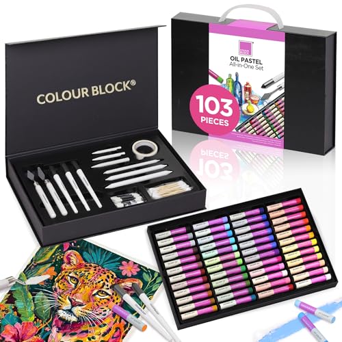 COLOUR BLOCK Oil Pastels All-in-One Art Set 103 PCS, 48 Colors Oil Pastels with 9 Tools, Blending Stumps, Tortillions, Brushes, Metal Palette Knives, Pad for Beginners and Professional Artists
