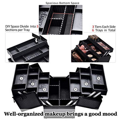 Joligrace Makeup Train Case Professional Adjustable - 6 Trays Cosmetic Cases Makeup Storage Organizer Box with Lock and Compartments 14 Inch Large Black - color: 3.Black