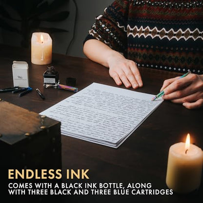 Wordsworth & Black Fountain Pen Set, 18K Gilded Medium and Extra Fine Nib, 25ML Black Ink Bottle, 6 Ink Cartridges,Refill Converter, Gift Box,Smooth Writing Pens [Rainbow],Gift Set for Men and Women - color: Rainbow