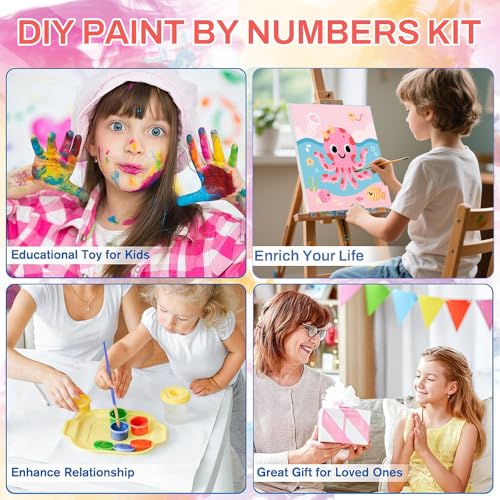 WEMEON Octopus Paint by Numbers Kit for Kids with Frame and Easel, Easy Paint by Numbers Kits for Kids Ages 4-6, Small Painting by Number for Birthday Gift, Painting Party(10X10inch) - color: DMBK-0007-US(10X10inch)