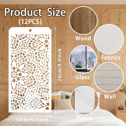 12 Sheets Texture Painting Stencils, 12 Styles Geometric Honeycomb Brick Leopard Flower Grain Layering Templates Reusable Border Stencil for Painting on Wall Wood Home Decor - style: Texture