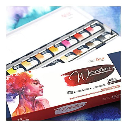Rosa Gallery Watercolor Paint Set, 'Portrait' palette full pans 14 colors metal case, extra fine professional watercolours
