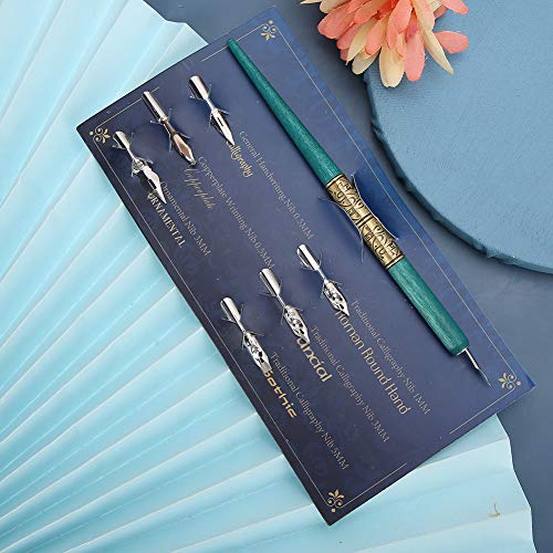 Calligraphy Oblique Nib Pen Point Holder, English Calligraphy Pen Nib Holder Antique Copperplate Script Handed Dip Pen + 6 Flat Nibs(2)