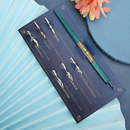 Calligraphy Oblique Nib Pen Point Holder, English Calligraphy Pen Nib Holder Antique Copperplate Script Handed Dip Pen + 6 Flat Nibs(2)