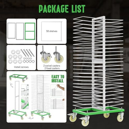 50-Shelf Paint Drying Rack for Cabinet Doors&Woodworking, Heavy Duty Mobile Cabinet Drying Rack with Locking Casters, 25 lbs per Shelf&2.1" Gap,Space-Saving Vertical Storage for Workshops/Paint Shops