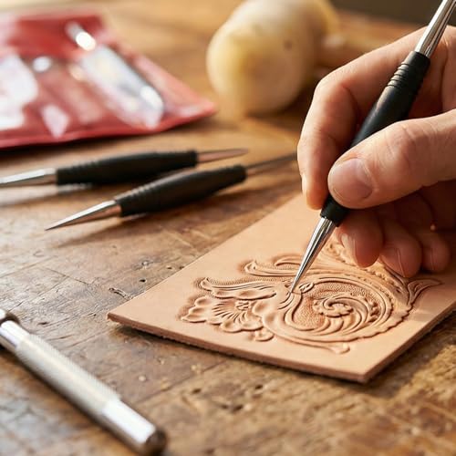 QWORK Leathercraft Modeling Tools Set, 3Pcs Leather Carving Modeling Tools (S/M/L) with Red PVC Pouch, Leather Stamping and Figure Carving Kit