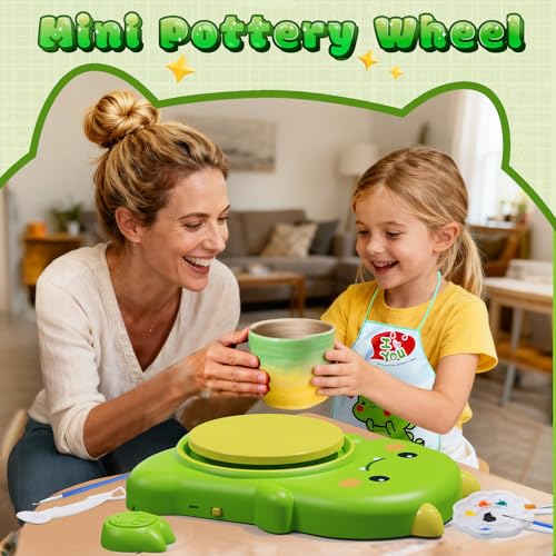 Skirfy Mini Pottery Wheel Kit for Beginners Kids,Electric Ceramic Wheel with Foot Pedal&Painting Kit, Adjustable Speed,Clay Spinner DIY Tools for Art Craft Birthday (Green Dinosaur) - color: green