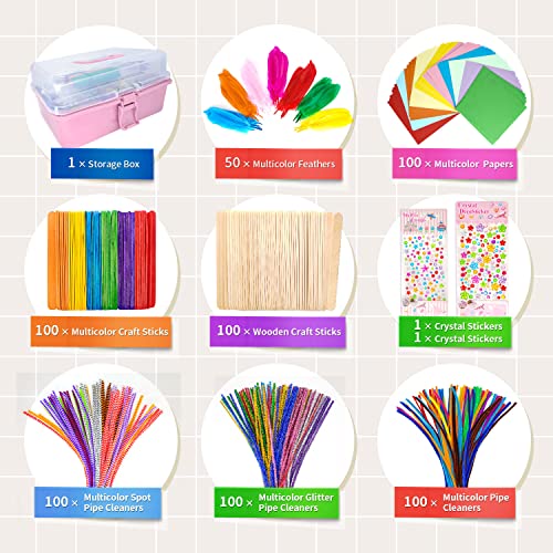 Jumbo Art and Craft Supplies for Boys and Girls, Toddler DIY Craft Art Supply Set Included Pipe Cleaners, Pom Poms, Feather, Folding Storage Box - All in One for Craft DIY Art Supplies (F0-Pink) - color: F0-Pink