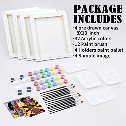 VOCHIC Sip and Paint Kits Pre Drawn Canvas Couples Painting Party Kit with Outline Canvas for Adults Date Night Games for Couple Flower Butterfly Girl Paint Art Set, 4 Pack (8 x 10In) - size: 8x10, style: style 3