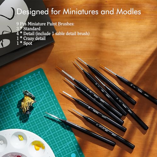 ARTIFY Miniature Detail Paint Brush Set: 9-Piece Round Fine Tip Small Model Paintbrushes, Thin Mini Tiny Micro Paint Brushes for Miniature Art Painting Accessories