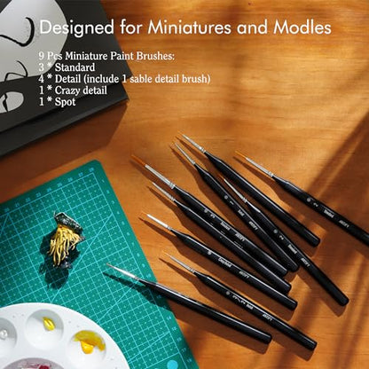 ARTIFY Miniature Detail Paint Brush Set: 9-Piece Round Fine Tip Small Model Paintbrushes, Thin Mini Tiny Micro Paint Brushes for Miniature Art Painting Accessories