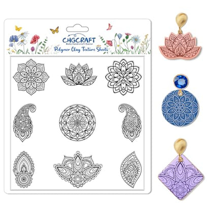 CHGCRAFT Mandala Polymer Clay Texture Sheets Single Mandala Floral Paisley Pattern Silicone Texture Stamp Clay Texture Mat Modeling Pattern Pad Sheets for Jewelry and Earrings Tools, 5.5x5.5 inch - style: Single Mandala