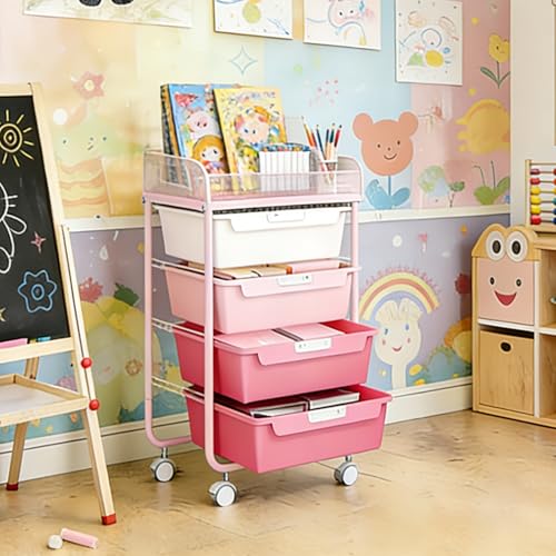 SYKIARIOL 4-Drawer Rolling Storage Cart with Mesh Top, Utility Craft Organizer Cart on Wheels with DIY Labels, Rolling Drawer Cart for Home Office Classroom Bedroom, Rose Pink - color: Pink