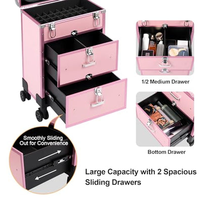 3 in 1 Rolling Makeup Case, Professional Cosmetology Case on Wheels, Detachable Clear Makeup Bag & Nail Polish Organizer, Portable Makeup Trolley with Drawers for Makeup Artists & Nail Technicians - color: Pink