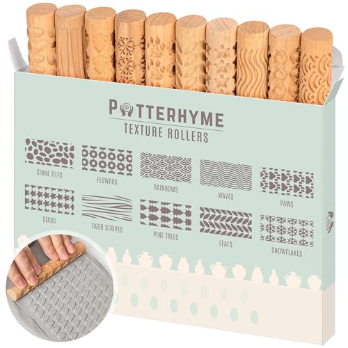 10pcs Wooden Clay Texture Rollers Set for Pottery & Ceramics - Potters Stamp Roller Tools for Ceramic Slabs - Textured Rolling Pins for Modeling, Painting & Glaze Design - 5 x 0.63 inch - color: Regular