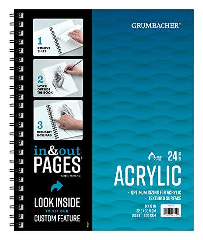 Grumbacher 9" x 12" Acrylic Paper Pad with In & Out Pages, 140 lb. / 300 GSM, Side Wired, 24 White Sheets/Pad, 1 Each (460801013) - size: 9 x 12 Inches, Side Wired, style: 24 Sheets