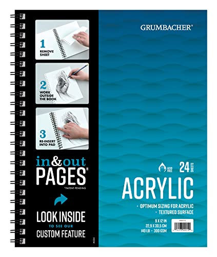 Grumbacher 9" x 12" Acrylic Paper Pad with In & Out Pages, 140 lb. / 300 GSM, Side Wired, 24 White Sheets/Pad, 1 Each (460801013) - size: 9 x 12 Inches, Side Wired, style: 24 Sheets