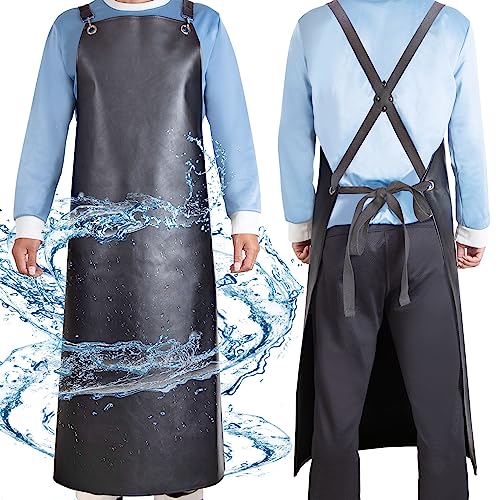 SHEOMERN Waterproof Rubber Apron, 43" Anti-Tear Heavy Duty Vinyl Adjustable Thicker Cross Back Dishwasher Apron for Restaurant Dishwashing, Butcher, Lab Work, Dog Grooming Black - color: Black