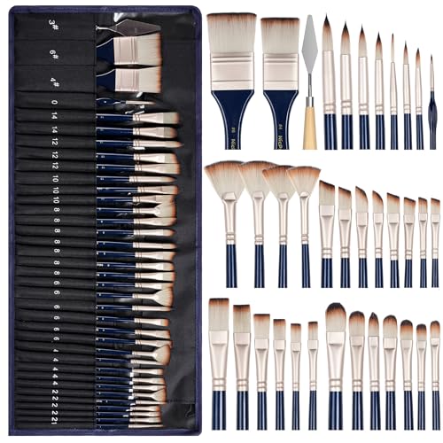 Nicpro 36PCS Paint Brush Set, Professional Paint Brushes for Acrylic Painting & Oil, Firm Synthetic Bristle Brushes, 9 Brush Types with Cloth Roll & Gift Box for Watercolor, Gouache, Canvas, Craft - color: Blue