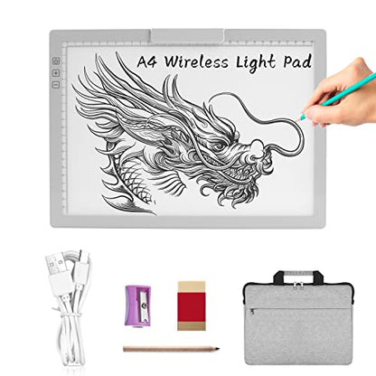A4 Wireless LED Light Pad with Carry Bag, Innovative Stand and Top Clip, TOHETO Rechargeable Light Box Stepless Dimmable and 6 Levels Brightness Cordless Light Board for Tracing Weeding Vinyl (Grey)
