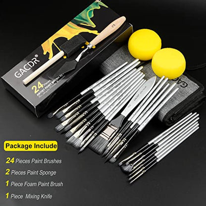 GACDR Acrylic Paint Brush Set, 24 Pieces Paint Brushes for Acrylic Painting with Cloth Roll Case and 2 Sponges, Pinceles para Acrilico for Oil Watercolor Gouache…