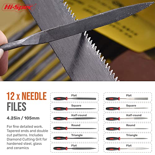 Hi-Spec 18 Piece Metal Hand & Needle Files Tool Set Kit. Large & Small Mini T12 Carbon Steel Diamond Flat, Half, Round, Triangle Files for DIY, Wood and Crafts. Complete In a Zipper Case with Brushes - size: 18 pieces