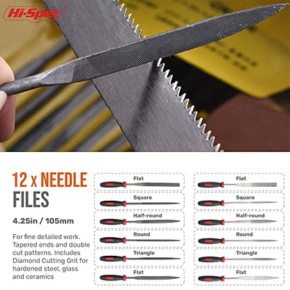 Hi-Spec 18 Piece Metal Hand & Needle Files Tool Set Kit. Large & Small Mini T12 Carbon Steel Diamond Flat, Half, Round, Triangle Files for DIY, Wood and Crafts. Complete In a Zipper Case with Brushes - size: 18 pieces