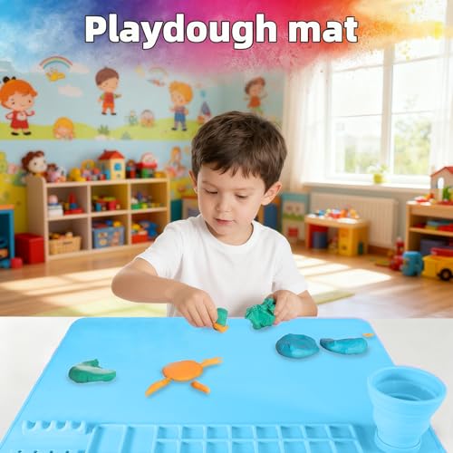 Silicone Painting Mat, 20"X16" Craft Mat,Large Art Mat with Built in Cup and Paintbrush Holder, Nonslip Clay Mats, Color Dividers Silicone Mats for Painting, Table, Resin and DIY Blue - color: Blue