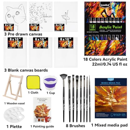 koseibal Acrylic Paint Set for Adults & Kids - 37PCS Art Painting Supplies Kit with 18 Colors Acrylic Paint, 8 Paint Brushes,6 Canvas Panels, Wooden Easel,Palette, Painting Pad - color: 18color+37pcs