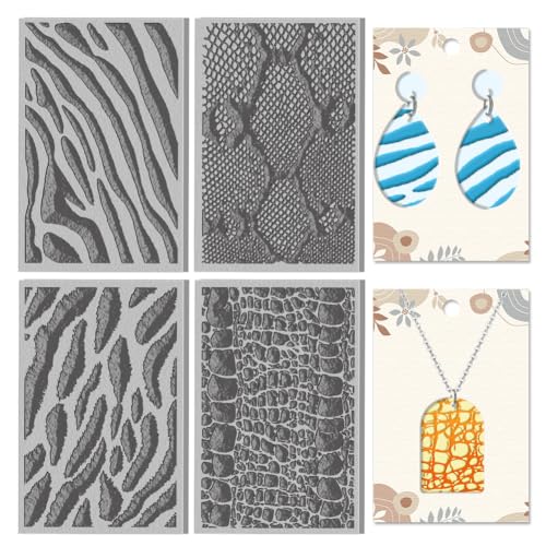 CHGCRAFT 4 Sheets Animal Skin Textures Polymer Clay Texture Mat Clay Modeling Pattern Pad Zebra Texture Sheets for Polymer Clay Making Earrings Jewerly Tools, 4×2.6 inch - style: Animal Skin