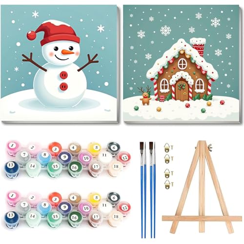 cviokrdu 2 Pack Paint by Numbers Kit for Kids with Frame-Wooden Easel, Christmas Paint by Numbers for Kids Ages 4 8 12, Easy Christmas Acrylic Oil Painting Kits for Home Wall Decoration 8x8 inch - color: BKH1792+BKH1793