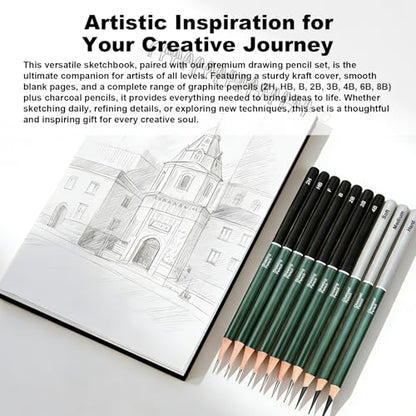 Sketchbook and Pencil Set - Spiral Bound Hardcover with 60 Sheets & 12 Charcoal Pencils (Hard/Medium/Soft) for Professional Artists and Beginners - color: Black