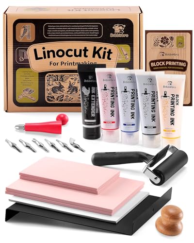 Bobblebro Linoleum Blocks for Printmaking, Stamp Making Carving Linocut Kit for Kids DIY Gift, Rubber Stamp Carving Screen Printing Kit with 4 Colors Block Printing Ink, Rubber Block, Linocut Tools