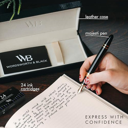 Wordsworth & Black Majesti Fountain Pen-(Black), Luxury Case, Gold Finish; 18K Gilded Medium Nib- Ink Cartridges, Refillable Ink Converter-Calligraphy Pen-Best Business Gift Set for Men & Women | Black, Gift for Men Women, Gold Finish, 18K German Iridium,