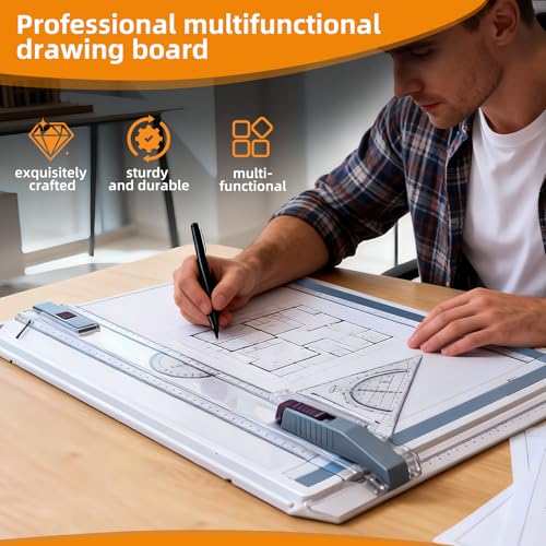 A3 Drawing Board Drafting Table Multifunctional Drawing Board Table with Clear Rule Parallel Motion and Angle Adjustable Measuring System, Metric - size: Metric
