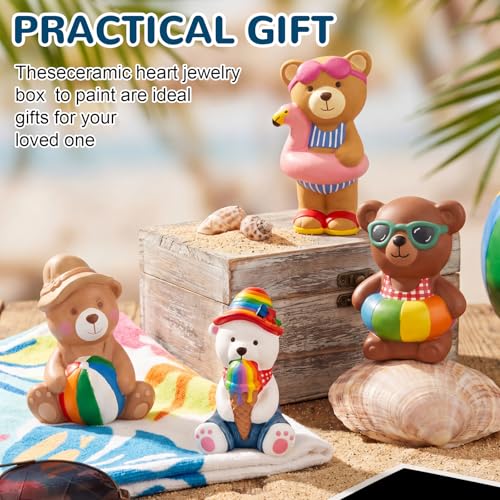 Soulchen 17 Pcs Paint Your Own Summer Beach Bear Ceramic Paint Craft Set Include 12 Unpainted Ceramic Bears 2 Strips of Paints with 2 Brushes 1 Palette Toys Gift for Birthday - style: Summer Bear