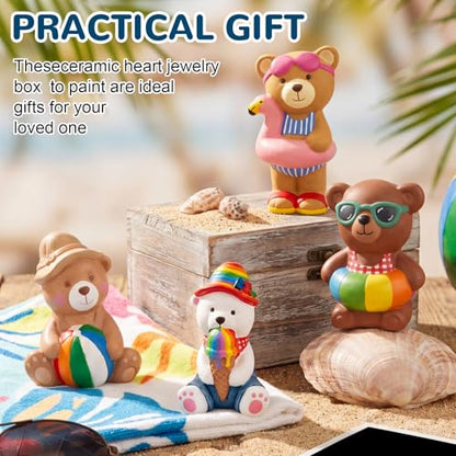 Soulchen 17 Pcs Paint Your Own Summer Beach Bear Ceramic Paint Craft Set Include 12 Unpainted Ceramic Bears 2 Strips of Paints with 2 Brushes 1 Palette Toys Gift for Birthday - style: Summer Bear