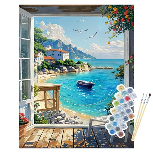 NPCSWXQ Paint By Numbers Kit for Adults Beginners,Seaside Scenery Paint by Numbers on Canvas,Acrylic Painting Crafts Number Artist Paint Kit for Home Wall Bedroom Study or Office Decor Gift 16x20In - color: SZH2508