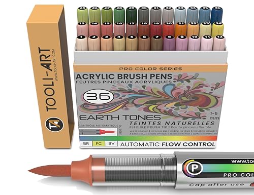 36 Earth Tones Flexible Brush Tip Acrylic Paint Pens Automatic Flow Control 1-5mm Line for Rock Painting,Coloring, Lettering,Scrapbooking,Glass,Mugs,Wood,Metal,Canvas,Fabric,Plastic Waterbased - color: Earth Tones